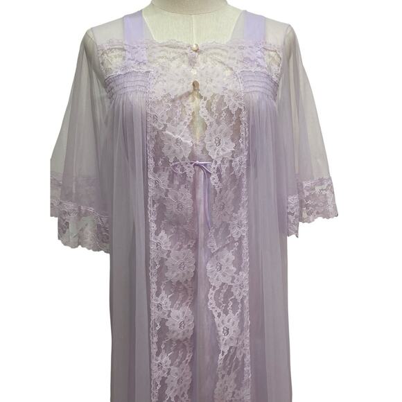 Vintage 70s Lavender Nylon Chiffon Lacy Nightgown & Robe Peignoir Set size L - Picture 3 of 9